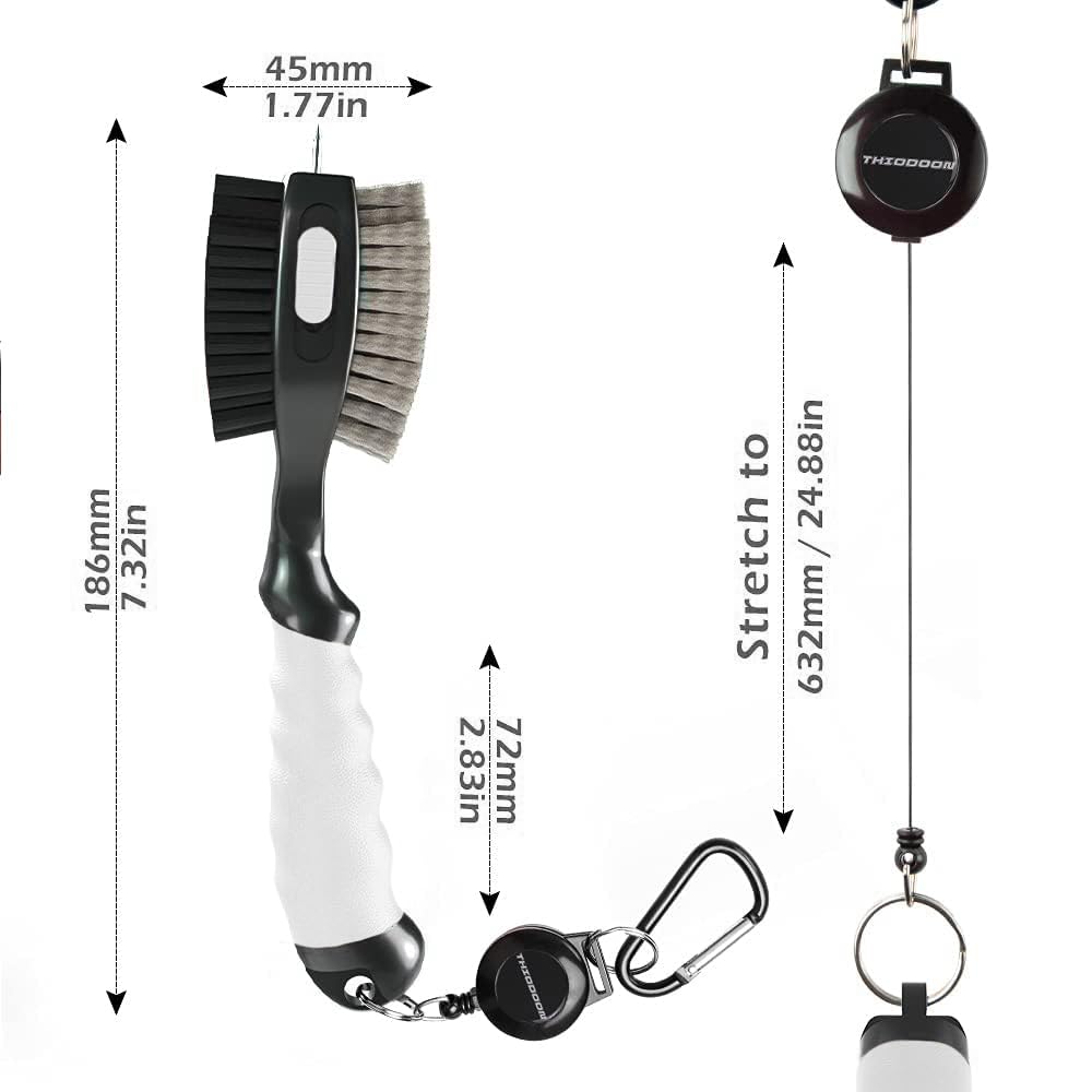 THIODOON 2 Pack Golf Club Brushes and Groove Cleaner 2 ft Retractable Zipline Carabiner Golf Brush Head with Retractable Spike Comfortable Grip Golf Club Cleaner