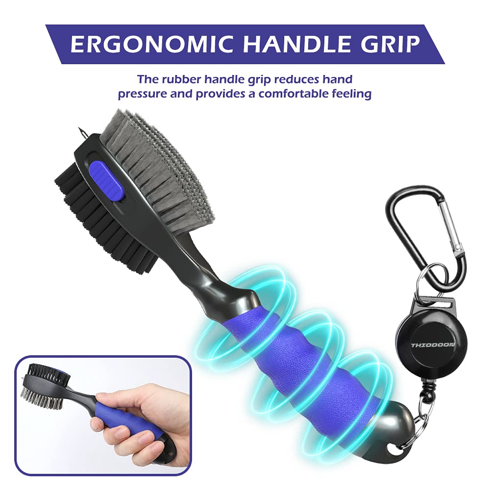 THIODOON 2 Pack Golf Club Brushes and Groove Cleaner 2 ft Retractable Zipline Carabiner Golf Brush Head with Retractable Spike Comfortable Grip Golf Club Cleaner