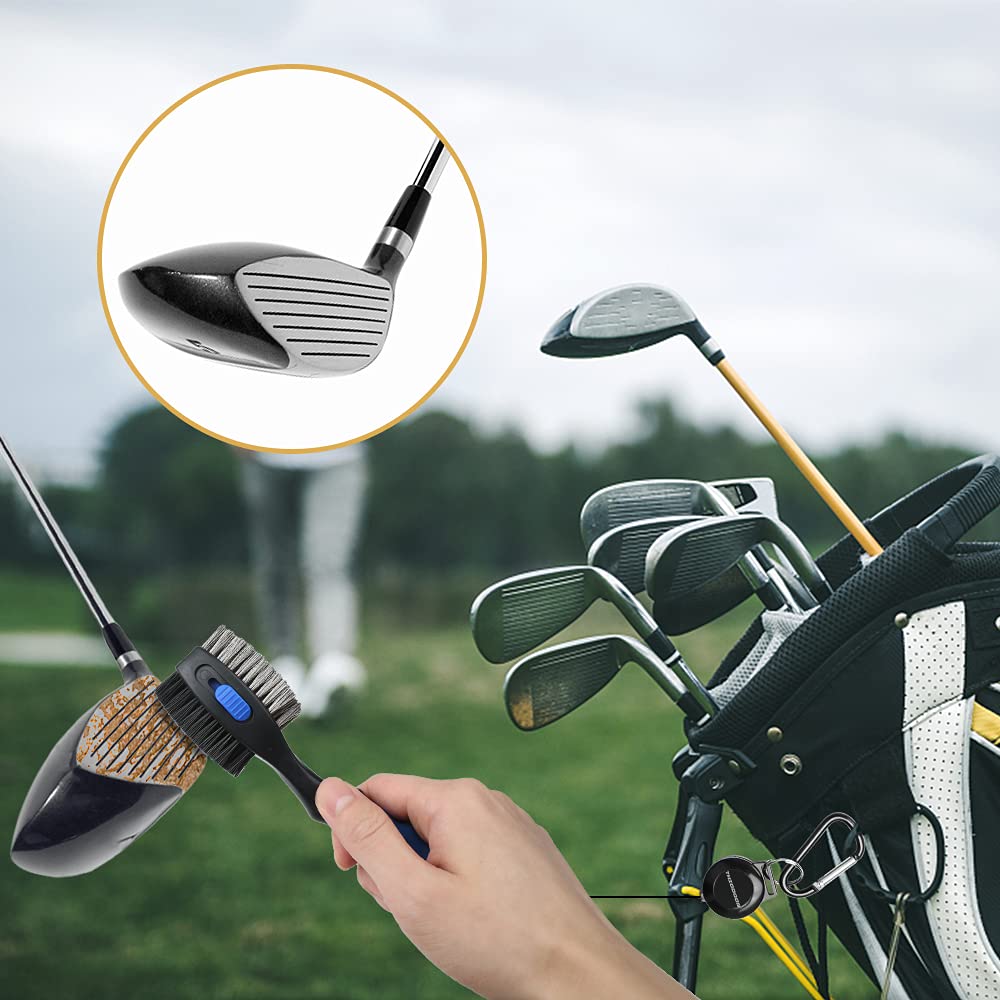 THIODOON 2 Pack Golf Club Brushes and Groove Cleaner 2 ft Retractable Zipline Carabiner Golf Brush Head with Retractable Spike Comfortable Grip Golf Club Cleaner