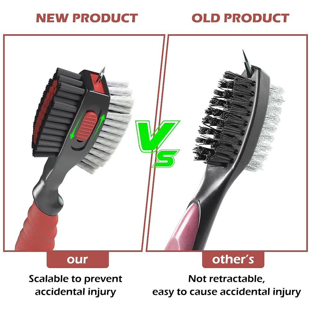 THIODOON 2 Pack Golf Club Brushes and Groove Cleaner 2 ft Retractable Zipline Carabiner Golf Brush Head with Retractable Spike Comfortable Grip Golf Club Cleaner