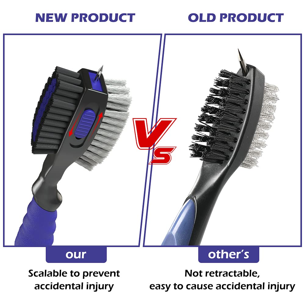 THIODOON 2 Pack Golf Club Brushes and Groove Cleaner 2 ft Retractable Zipline Carabiner Golf Brush Head with Retractable Spike Comfortable Grip Golf Club Cleaner