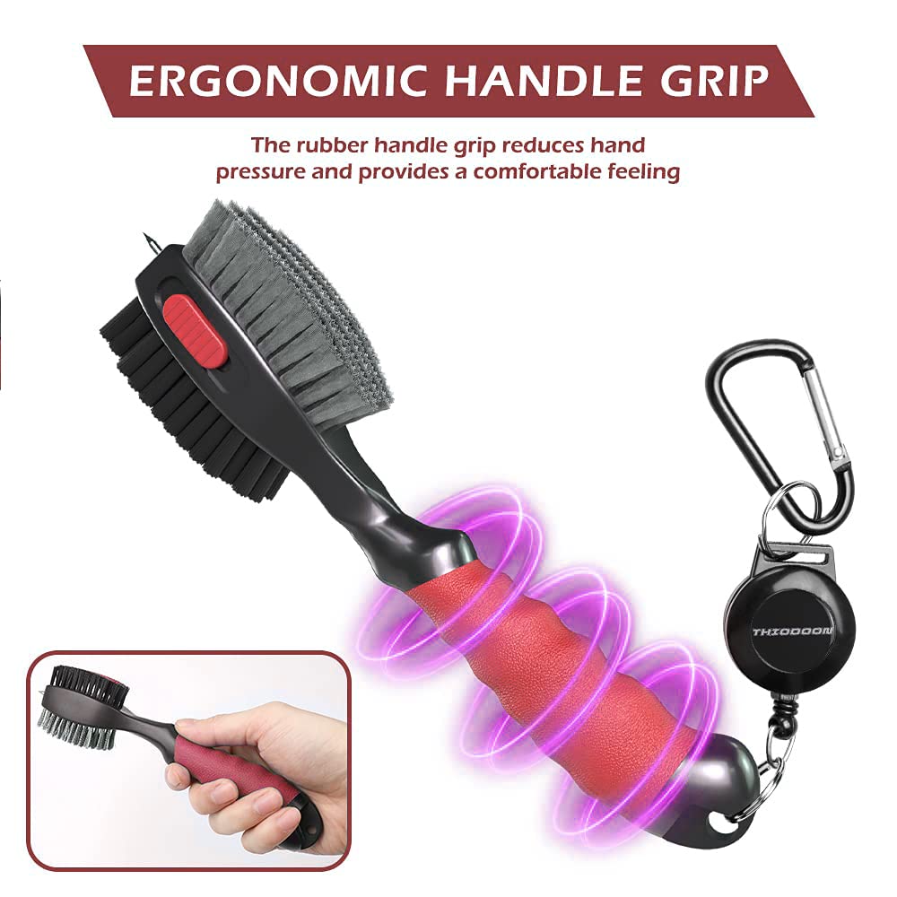 THIODOON 2 Pack Golf Club Brushes and Groove Cleaner 2 ft Retractable Zipline Carabiner Golf Brush Head with Retractable Spike Comfortable Grip Golf Club Cleaner