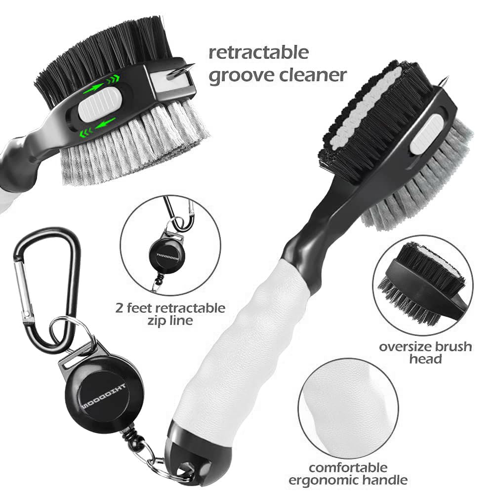 THIODOON 2 Pack Golf Club Brushes and Groove Cleaner 2 ft Retractable Zipline Carabiner Golf Brush Head with Retractable Spike Comfortable Grip Golf Club Cleaner