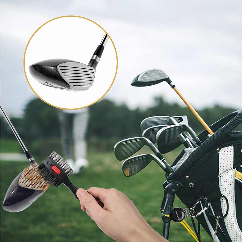THIODOON 2 Pack Golf Club Brushes and Groove Cleaner 2 ft Retractable Zipline Carabiner Golf Brush Head with Retractable Spike Comfortable Grip Golf Club Cleaner