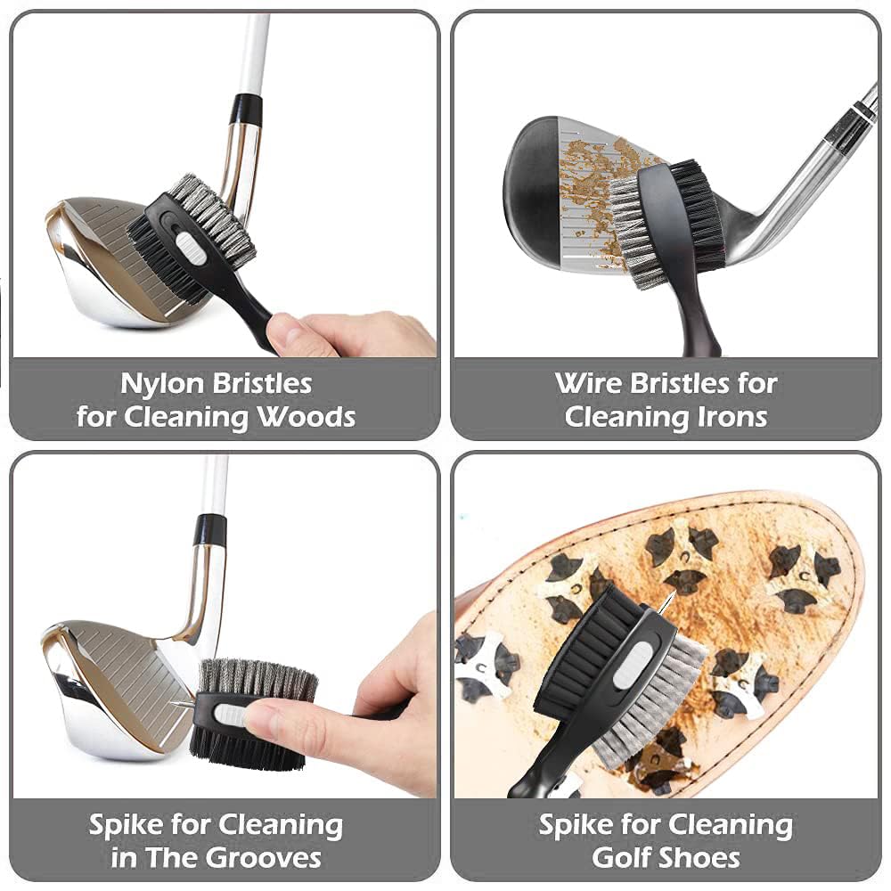 THIODOON 2 Pack Golf Club Brushes and Groove Cleaner 2 ft Retractable Zipline Carabiner Golf Brush Head with Retractable Spike Comfortable Grip Golf Club Cleaner