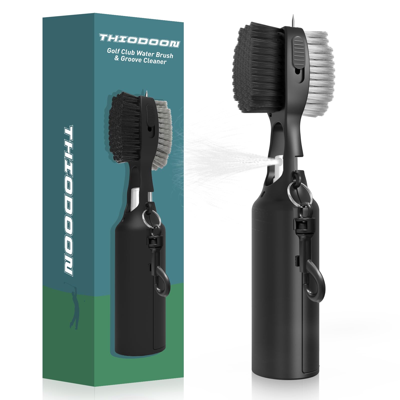 THIODOON 2 Pack Golf Club Brushes and Groove Cleaner 2 ft Retractable Zipline Carabiner Golf Brush Head with Retractable Spike Comfortable Grip Golf Club Cleaner