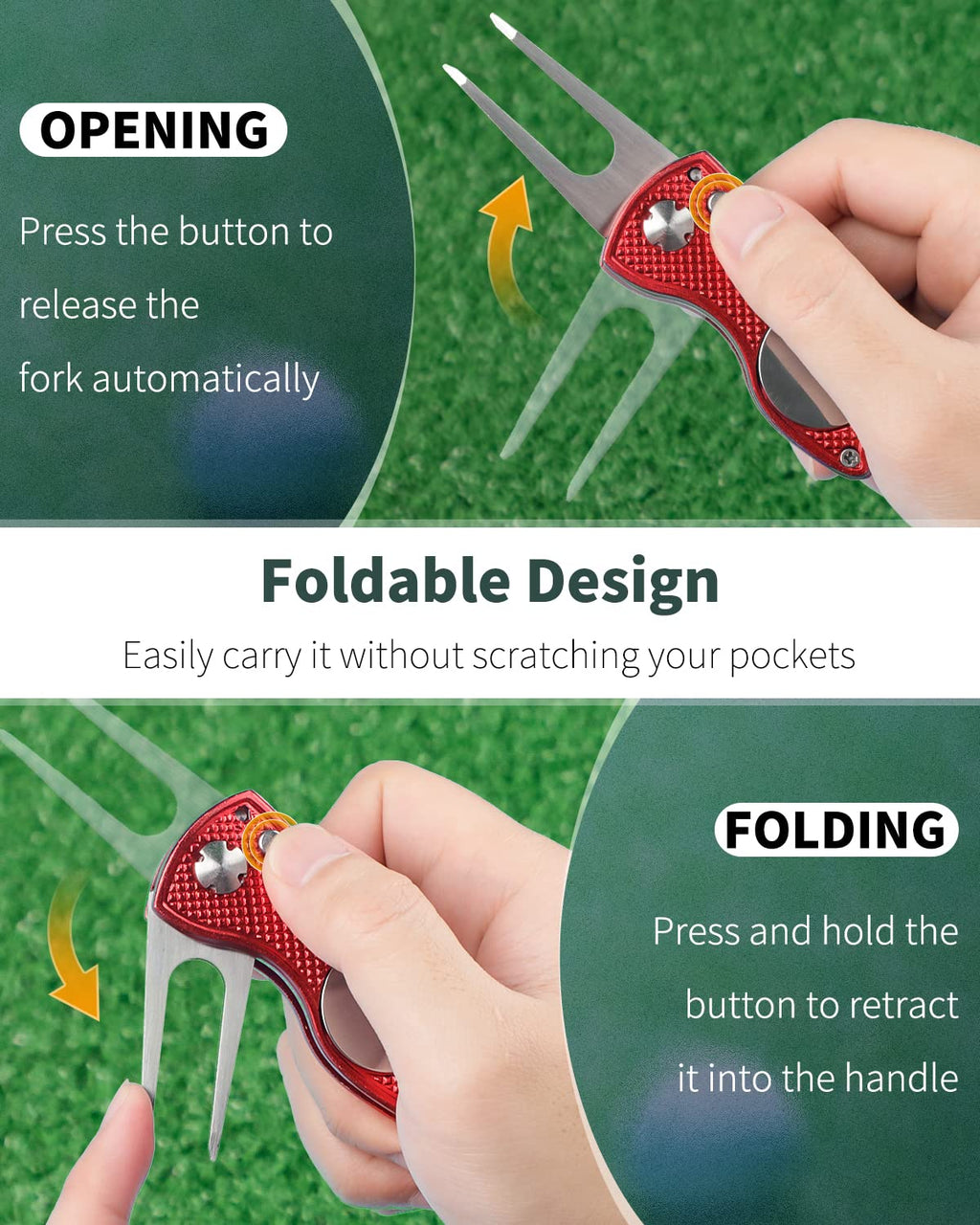 GreenHaven 2-6 Pack Golf Divot Repair Tool for Golfers Foldable Metal Green Tool with Magnetic Putt Alignment Ball Marker Pop-up Fork Tine with Sturdy Aluminum Alloy Handle