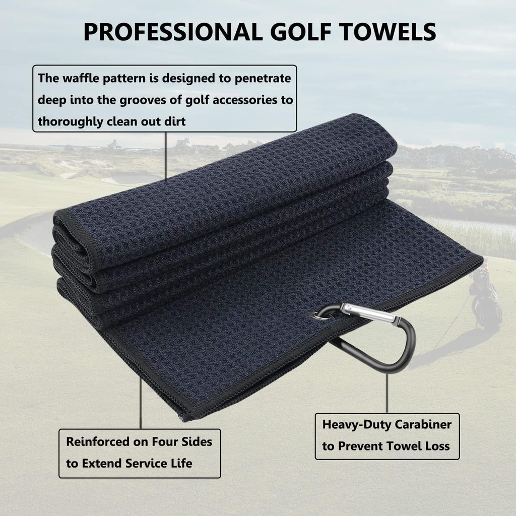 3 Pack Large Golf Towels, 16" x 24" Tri-Fold Portable Microfiber Fabric Waffle Pattern Golf Towel for Golf Bag with Carabiner Clip to Quickly Remove Sand, Mud, Dirt and Sweat