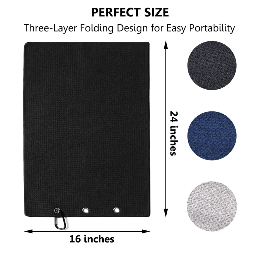 3 Pack Large Golf Towels, 16" x 24" Tri-Fold Portable Microfiber Fabric Waffle Pattern Golf Towel for Golf Bag with Carabiner Clip to Quickly Remove Sand, Mud, Dirt and Sweat
