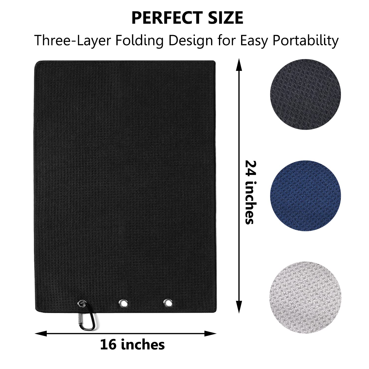 3 Pack Large Golf Towels, 16" x 24" Tri-Fold Portable Microfiber Fabric Waffle Pattern Golf Towel for Golf Bag with Carabiner Clip to Quickly Remove Sand, Mud, Dirt and Sweat
