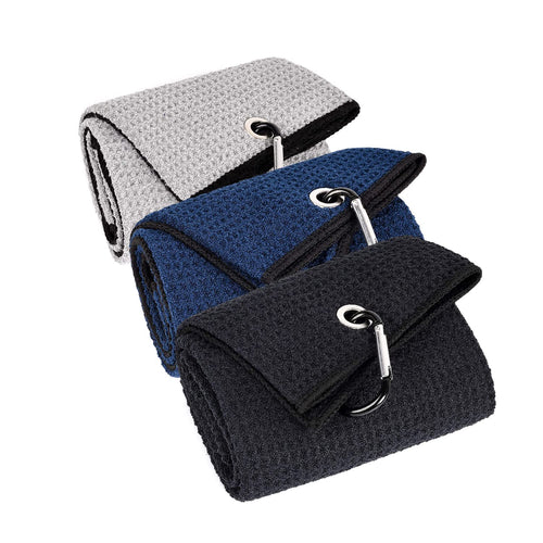 3 Pack Large Golf Towels, 16" x 24" Tri-Fold Portable Microfiber Fabric Waffle Pattern Golf Towel for Golf Bag with Carabiner Clip to Quickly Remove Sand, Mud, Dirt and Sweat