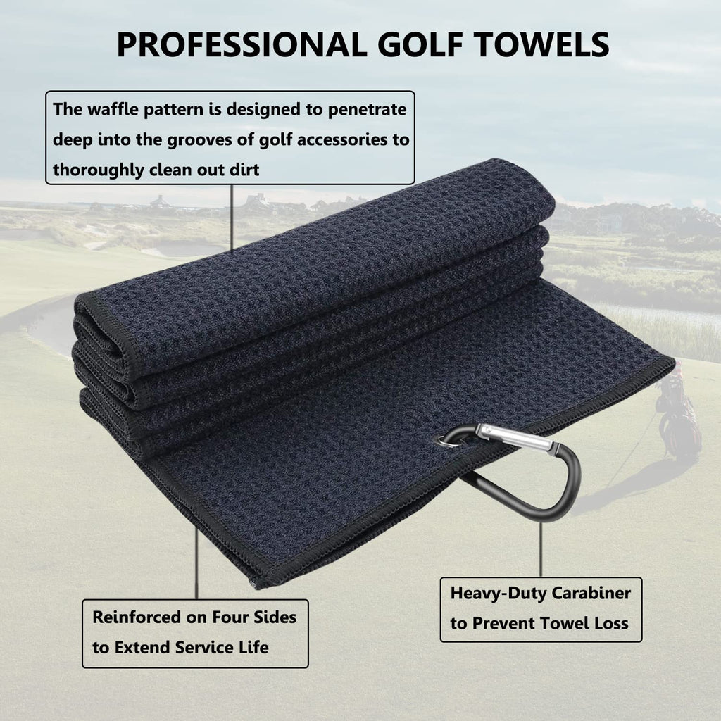 3 Pack Large Golf Towels, 16" x 24" Tri-Fold Portable Microfiber Fabric Waffle Pattern Golf Towel for Golf Bag with Carabiner Clip to Quickly Remove Sand, Mud, Dirt and Sweat