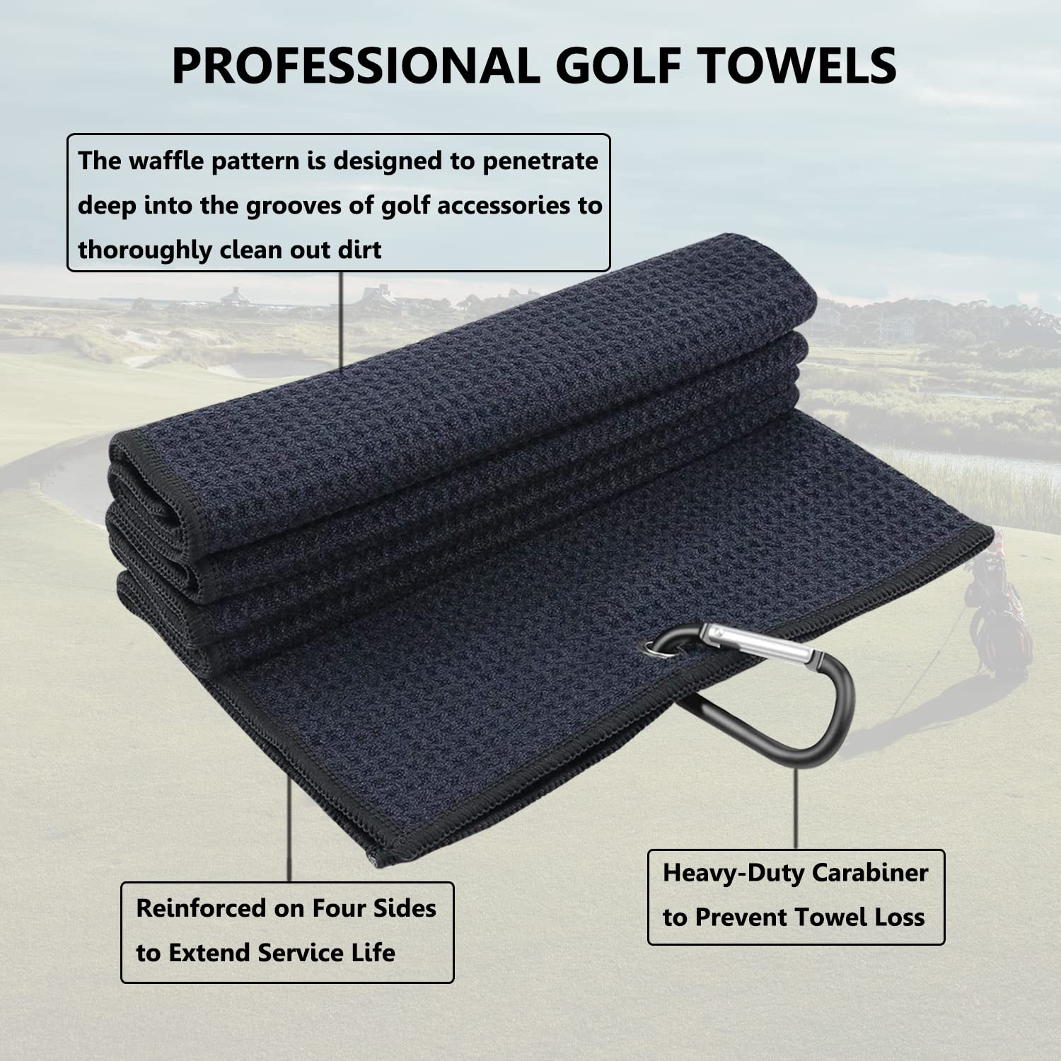 3 Pack Large Golf Towels, 16" x 24" Tri-Fold Portable Microfiber Fabric Waffle Pattern Golf Towel for Golf Bag with Carabiner Clip to Quickly Remove Sand, Mud, Dirt and Sweat