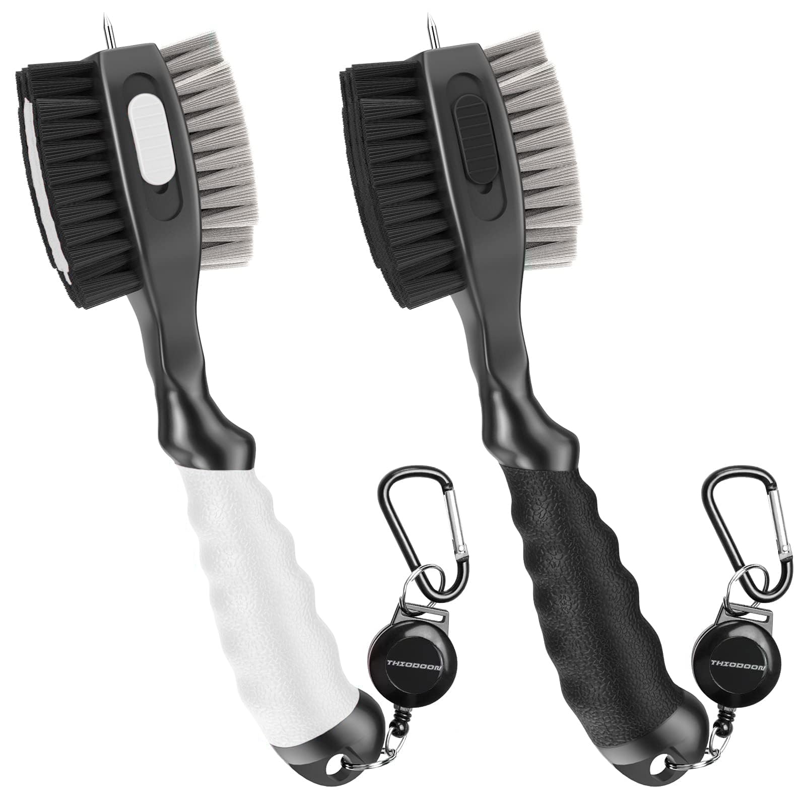 THIODOON 2 Pack Golf Club Brushes and Groove Cleaner 2 ft Retractable Zipline Carabiner Golf Brush Head with Retractable Spike Comfortable Grip Golf Club Cleaner