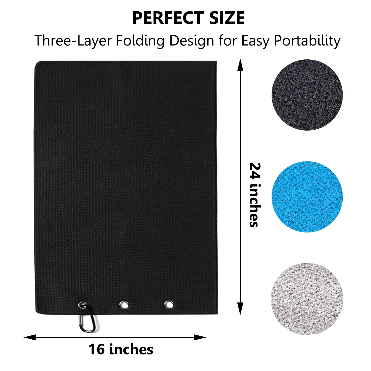 3 Pack Large Golf Towels, 16" x 24" Tri-Fold Portable Microfiber Fabric Waffle Pattern Golf Towel for Golf Bag with Carabiner Clip to Quickly Remove Sand, Mud, Dirt and Sweat