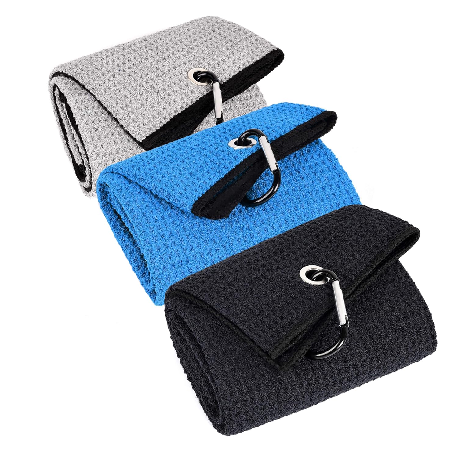 3 Pack Large Golf Towels, 16" x 24" Tri-Fold Portable Microfiber Fabric Waffle Pattern Golf Towel for Golf Bag with Carabiner Clip to Quickly Remove Sand, Mud, Dirt and Sweat